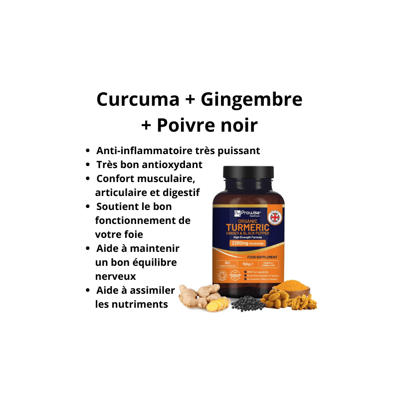 Curcuma + Gingembre + Poivre noir 180 gélules 720mg de curcuma super anti-inflammatoire