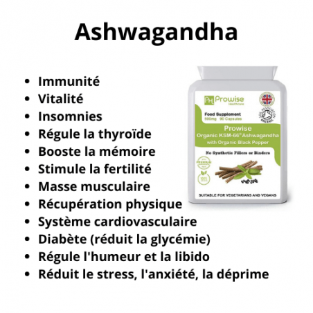 Ashwagandha BIO + poivre noir KSM-66 stress, muscles, glycémie, thyroïde, mémoire...