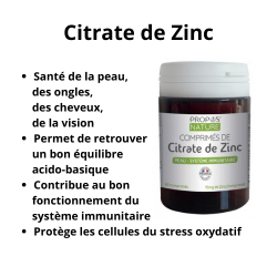 Citrate de zinc : peau, ongles, cheveux, vue, système immunitaire, équilibre acido-basique, stress oxydatif