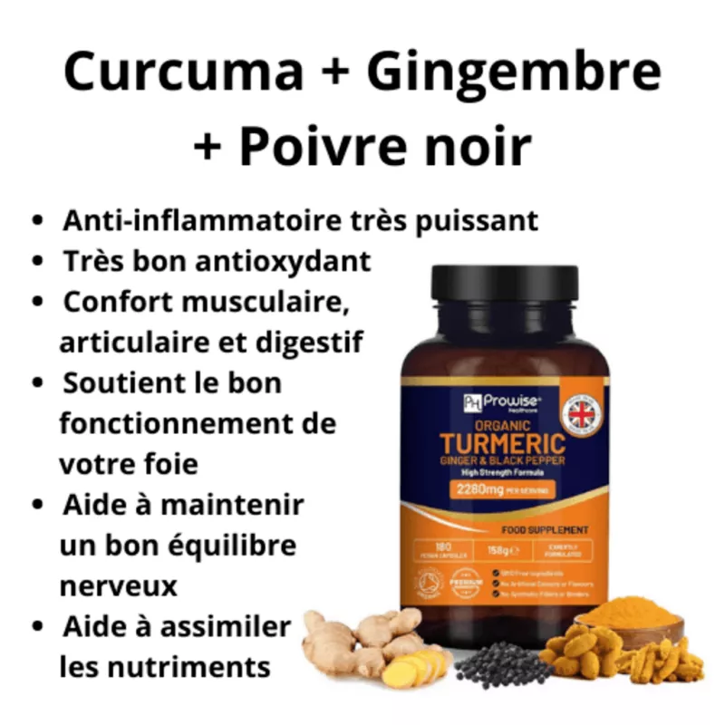 Curcuma + Gingembre + Poivre noir 180 gélules 720mg de curcuma super anti-inflammatoire