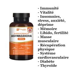 Ashwagandha 1500mg Stress, glycémie, thyroïde, mémoire, insomnie, vitalité, muscles, ...