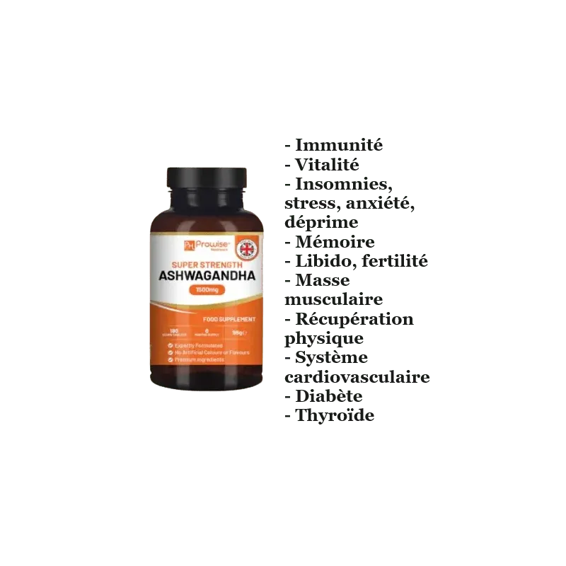 Ashwagandha 1500mg Stress, glycémie, thyroïde, mémoire, insomnie, vitalité, muscles, ...