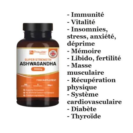 Ashwagandha 1500mg Stress, glycémie, thyroïde, mémoire, insomnie, vitalité, muscles, ...