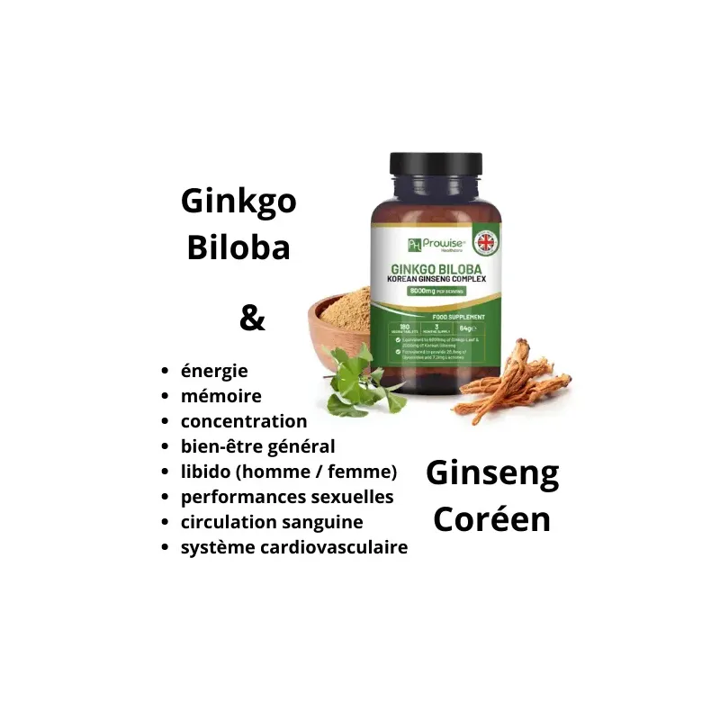 Ginkgo Biloba et Ginseng Coréen 8000mg 180 comprimés (3 mois d'utilisation)
