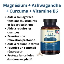Magnésium, Ashwagandha, Curcuma et vitamine B6 - Stress, Fatigue, Tensions musculaires, crampes