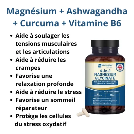 Magnésium, Ashwagandha, Curcuma et vitamine B6 - Stress, Fatigue, Tensions musculaires, crampes