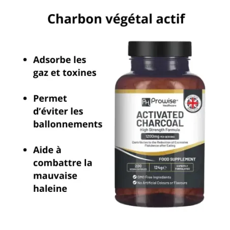 Charbon végétal activé Confort digestif, anti-ballonnements et mauvaise haleine, adsorbe gaz et toxines