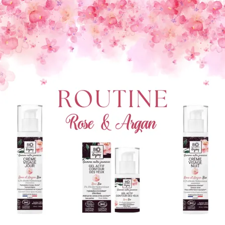Routine Rose et Argan Bio Enjoy : Crème de jour, crème de nuit et contour des yeux