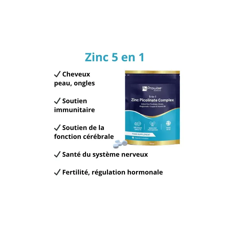 Zinc 5 en 1 Prowise Healthcare - 50 mg de Zinc élémentaire