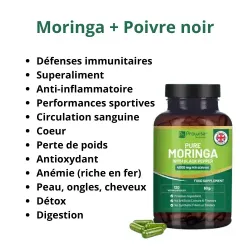 Moringa + Poivre noir Superaliment riche en fer et protéines nutriments acides aminés essentiels 120 gélules