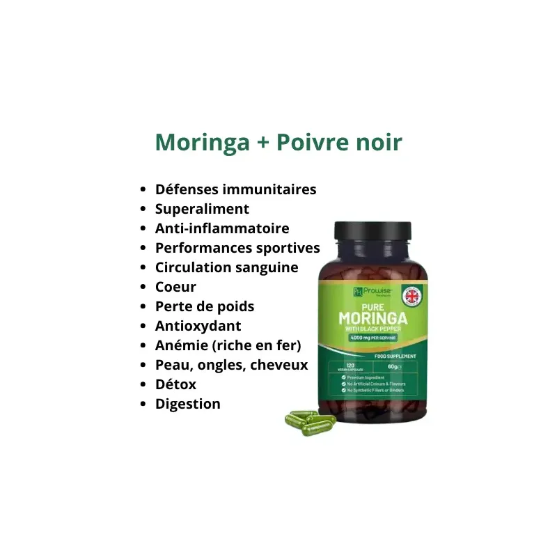 Moringa + Poivre noir Superaliment riche en fer et protéines nutriments acides aminés essentiels 120 gélules