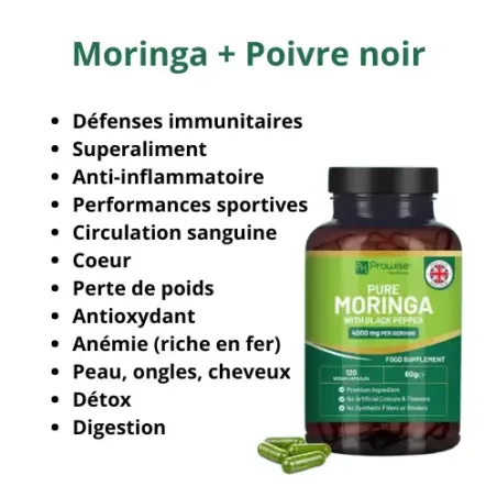 Moringa + Poivre noir Superaliment riche en fer et protéines nutriments acides aminés essentiels 120 gélules