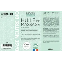 Huile de massage neutre bio 200ml Amande Argan Coco et Sésame